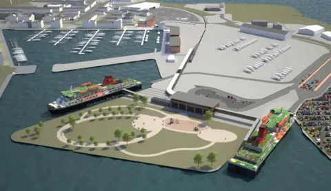 Transport Scotland Artists impression of Ardrossan redevelopment. Two large ships can be seen berthed next to a landscaped area