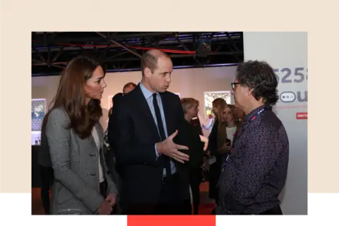 Getty Images The Duchess of Cambridge in a grey suit, next to the Duke of Cambridge in a dark blue suit, and Ian Russell in a patterned shirt