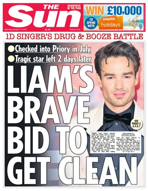 The Sun's headline reads "Liam's brave bid to get clean"