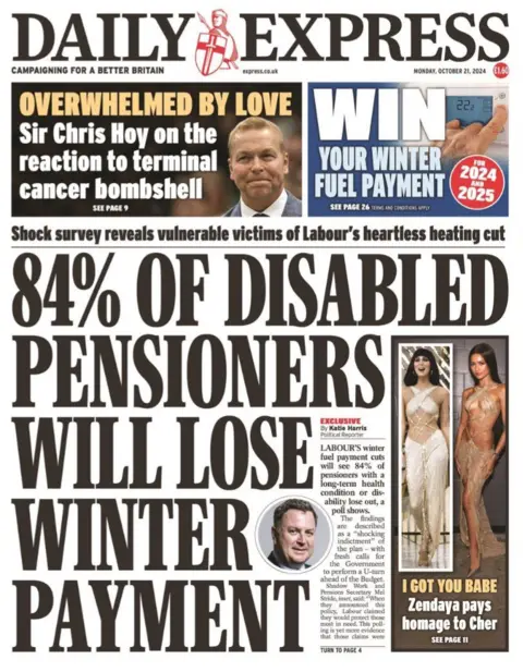 The front page of the Daily Express reads: "84% of disabled pensioners will lose winter payment"