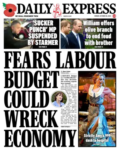 The main headline on the front page of the Daily Express reads: "Fears Labour budget could wreck economy"