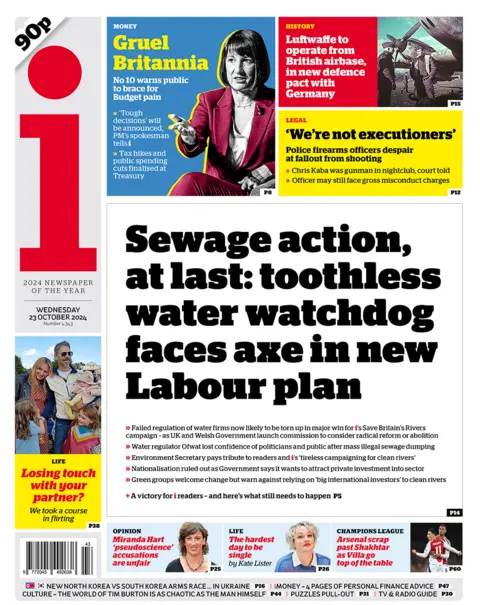 The headline in the i reads: "Sewage action at last: toothless water watchdog faces axe in new Labour plan". 