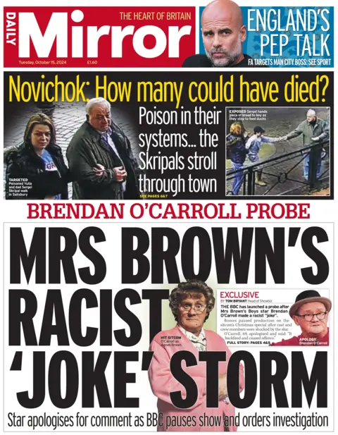 The front page of the Daily Mirror, which reads "Mrs Brown's racist 'joke' storm". 