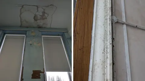 Milngavie Primary Parent Council Two pictures side by side show the poor state of the walls. The first picture shows peeling paint on the walls and a damp patch on the ceiling. The second picture shows damp on a door frame. 