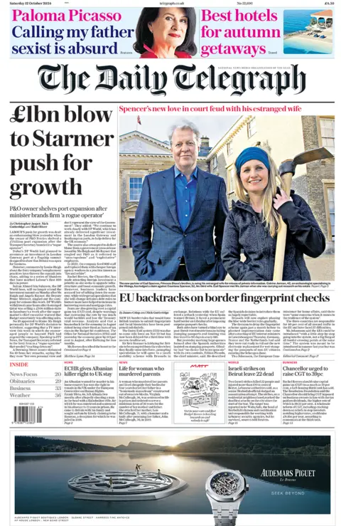 Daily Telegraph front page with headline: "£1bn blow to Starmer push for growth"