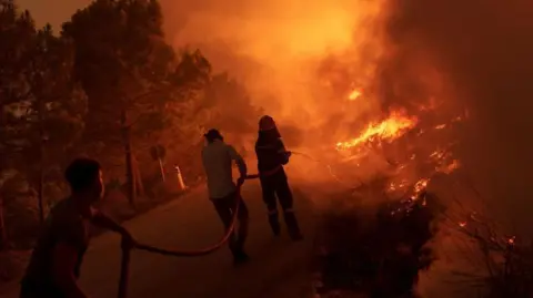 Getty Images Firefighters use a hose to try and tackle a forest fire