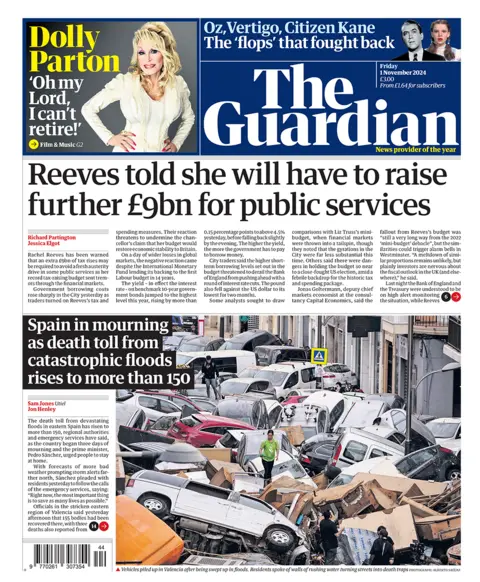 The headline in the Guardian reads: "Reeves told she will have to raise further £9bn for public services". 