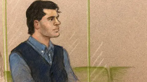 Julia Quenzler An artist's court sketch of Daniel Khalife during trial at Woolwich Crown Court. Daniel is seen wearing a blue shirt with what appears to be a navy waist coat. He is protected by a sheet of perspex glass and is sat on a green seat