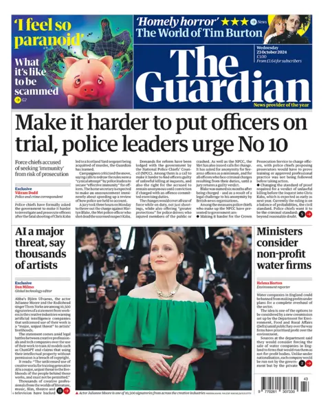 The headline in the Guardian reads: "Make it harder to put officers on trial, police leaders urge No 10". 