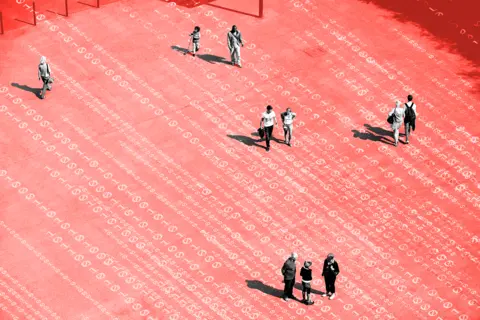 Getty Images A town square set against a backdrop of binary code