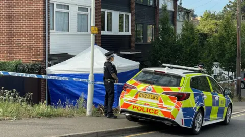 Steve Huntley/BBC A police officer guarding the cordon at the McCullough property in Pump Hill. They have a police car in front of them and to their side is a blue sided police tent with a white top. 