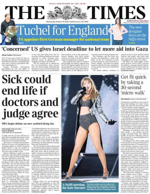 The Times The Times has a picture of Taylor Swift on the front with the headline "a Swift meeting for Keir Starmer" , it also runs a story with the headline "sick end life if doctors and judge agree."