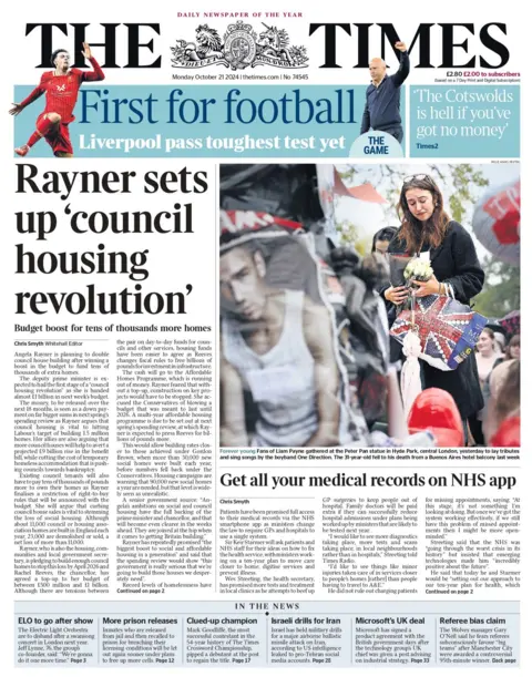 The front page of The Times reads: "Rayner sets up 'council housing revolution'"