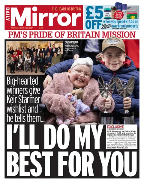 The headline in the Mirror reads: "PM's Pride of Britain Mission: I'll do my best for you". 