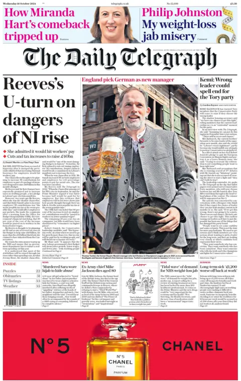 daily telegraph Daily Telegraph newspaper has the headline Reeve's  U-turn on dangers of NI rise and a picture of Thomas Tuchel alongside the caption England pick German as new manager