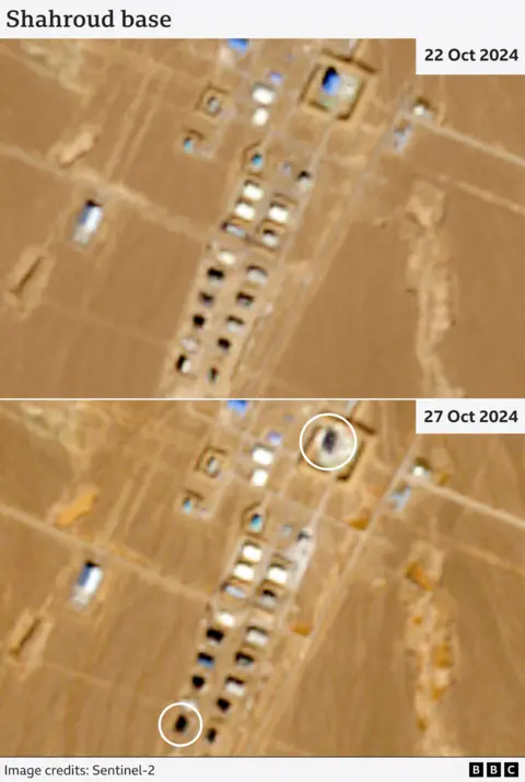 Satellite images showing damage to Shahroud military site