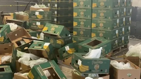 NCA Dozens of banana crates line the floor of a Tottenham warehouse - police had suspected the shipment contained cocaine.