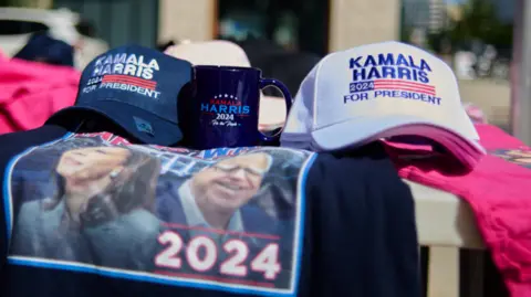 Getty Images Campaign merchandise for Democrat presidential nominee Kamala Harris