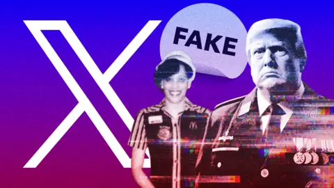 BBC A composite graphic showing an AI-generated image of Donald Trump as a military dictator with medals on his chest and a doctored image of Kamala Harris in a McDonald's uniform with a label saying fake and the X logo in the background