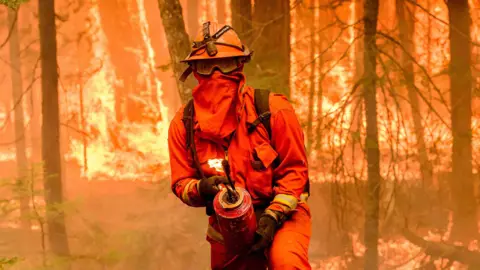 AFP Firefighter fighting flames with burning forest in background