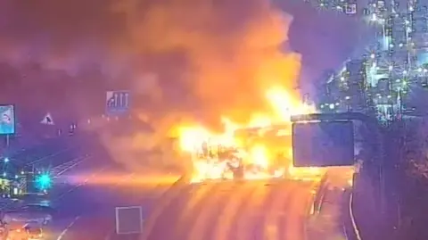 Highways England CCTV footage of a large fire on a motorway