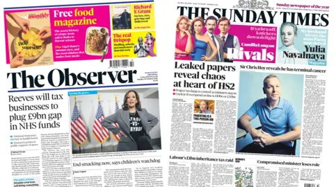 BBC A composite image of the front page of the Observer and the Sunday Times, with stories on the upcoming budget and Sir Chris Hoy's cancer diagnosis