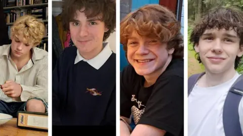 Family images Composite of four individual shots, from left to right: Jevon Hirst, 16, sat behind a coffee table, wearing a cream stripped shirt and looking down. Harvey Owen, 17, in a dark crew neck jumper with white polo shirt collar. Wilf Fitchett in a black t-shirt with a pattern on the fron, smiling into the camera. Hugo Morris, 18, in a white t-shirt with the blue straps of a backpack showing