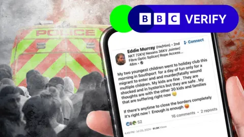 BBC Composite picture showing protesters milling near the back of a police van (picture taken during the Southport riot of 30 July 2024). In the foreground, a super-imposed hand is holding a smartphone, on which is a LinkedIn post by Eddie Murray (now deleted) from 29 July. The details of this post are described in detail in the next picture.