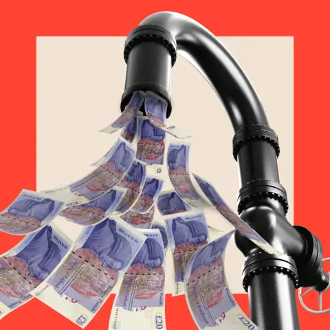 BBC Montage graphic image showing £20 notes flowing from a tap