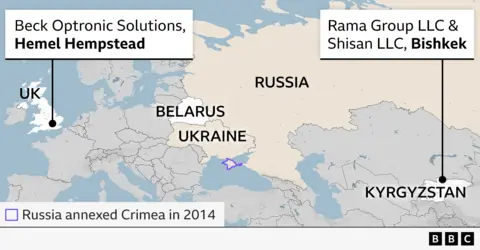 A map showing the locations of Beck Optronic Solutions in Hemel Hempstead, UK, and of Rama Group LLC and Shisan LLC in Bishkek, Kyrgyzstan, as well as Belarus, where Valeria lives, Russia, and Ukraine. 
The map also shows Crimea, which was annexed by Russia in 2014.