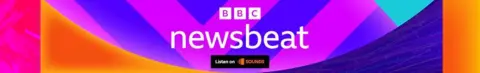 A footer logo for BBC Newsbeat. It has the BBC logo and the word Newsbeat in white over a colourful background of violet, purple and orange shapes. At the bottom a black square reading "Listen on Sounds" is visible.