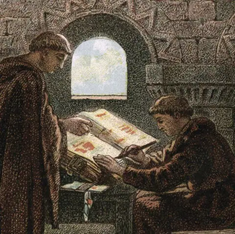 Getty Images A drawn image of copyist monks writing the manuscript of the Domesday Book by candlelight