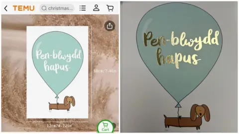 Temu happy birthday card on the left showing a large balloon tied to a dachshund with "penblwydd hapus" written on the balloon, and on the right a similar card from Draenog