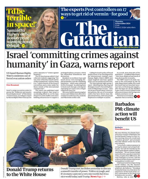 The headline in the Guardian reads: "Israel 'committing crimes against humanity' in Gaza, warns report". 