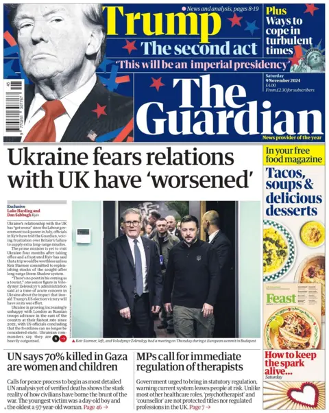 The headline on the front page of the Guardian reads: "Ukraine fears relations with UK have 'worsened'"