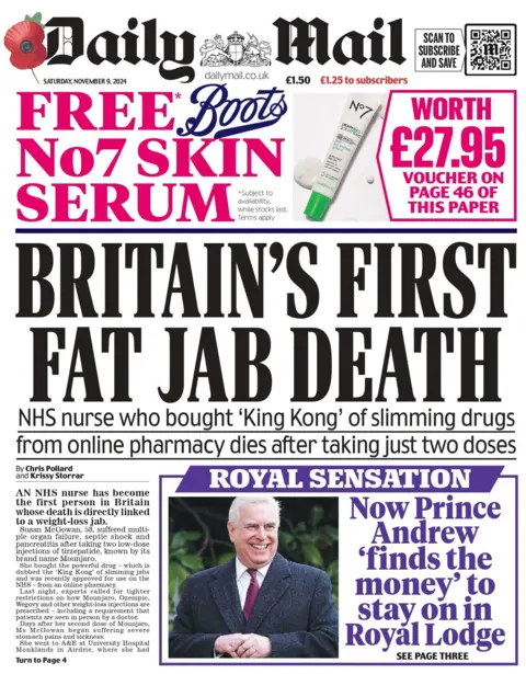 The headline on the front page of the Daily Mail reads: "Britain's first fat jab death"