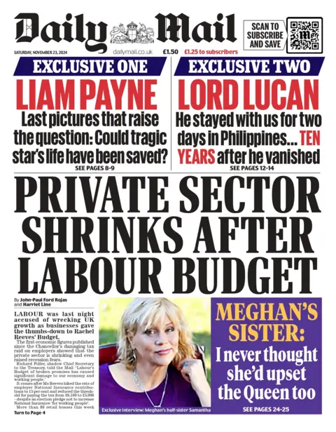 The Daily Mail front page with headline: "Private sector shrinks after Labour budget"