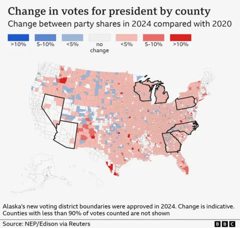 County map of the US, showing a small but widespread increase in vote share for Trump. 