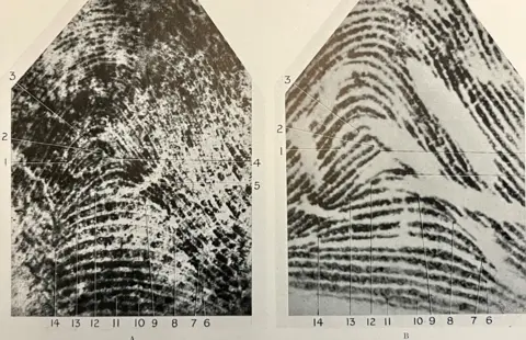 University of Edinburgh Two fingerprints marked with lines and numbers