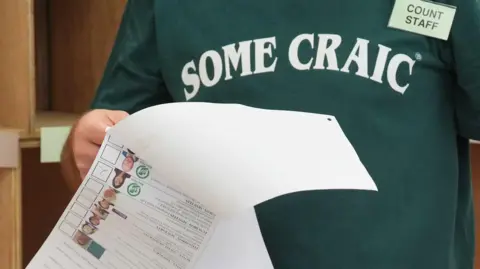 PA Media A counter is holding some election ballots in his hand. He's wearing a green jumper that says some craic and a badge that says, count staff.