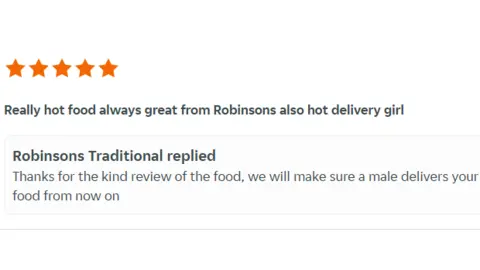 Just Eat A screenshot of the review on Just Eat, showing Robinson's reply