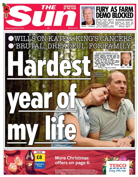 The headline on the front page of the Sun shows a photo of the Prince and Princess of Wales and reads: "It's been the hardest year of my life"