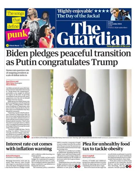 The headline on the front page of the Guardian reads: "Biden pledges peaceful transition as Putin congratulates Trump"