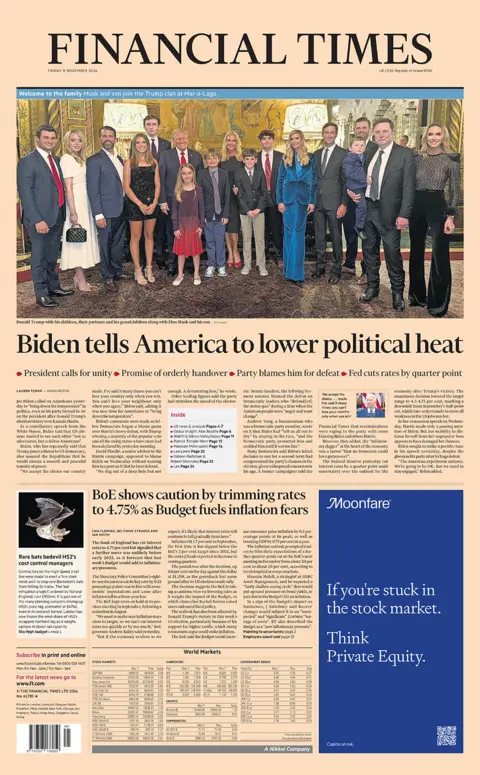 The headline on the front page of the Financial Times reads: "Biden tells America to lower political heat"