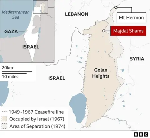 Map showing the Golan Heights and the location of Majdal Shams