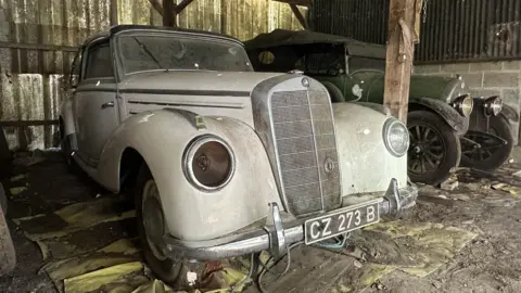 Reeman Dansie A dusty white Mercedes from the 1950s, with one headlight missing, next to a green 1921 Talbot open tourer in a barn 