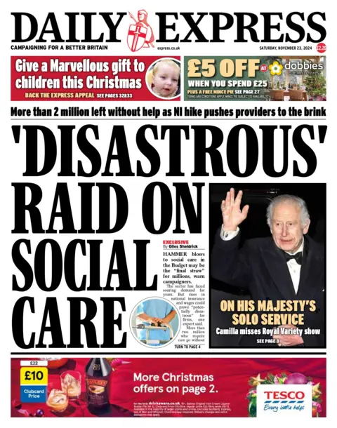 The Daily Express front page with headline: "Disastrous raid on social care"