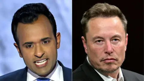 Getty Images Two side by side headshots of Ramaswamy and Musk