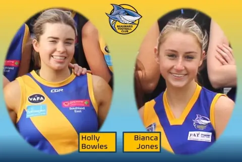 Beaumaris Football Club A picture of Holly Bowles and her friend Bianca Jone, wearing yellow and purple tops of their sports team in an official photo