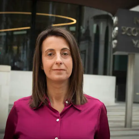 BBC Lucy Manning, a woman in a pink blouse with brown hair, stands in front of a building looking at the camera. There is a sign that says "New Scotland Yard".